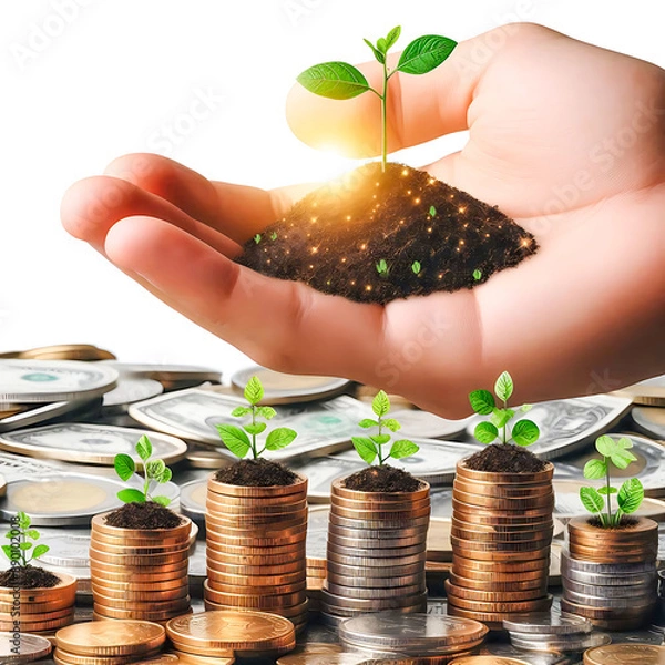 Obraz Man's hand placing silver coins on coins and trees growing on piles of coins, finance, business, investment, and growth concepts