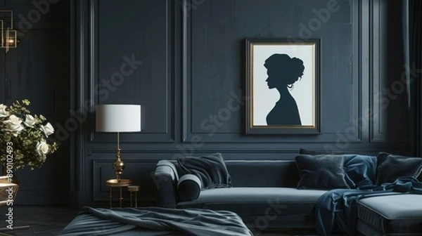 Fototapeta Luxurious wall frame mockup with a spooky silhouette art piece in a refined, upscale living space.