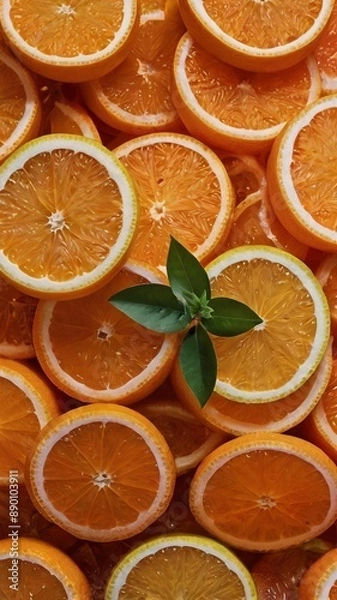 Obraz Fresh orange slices forming a vibrant background with green leaves
