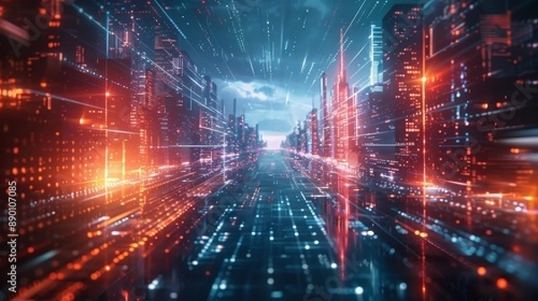 Fototapeta Futuristic Cityscape: Stunning Wallpaper with Dramatic Perspective Lines, High-Resolution Images, and Strong Lighting Emphasizing Depth and Perspective