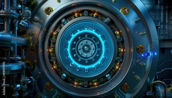 Fototapeta Futuristic mechanical engineering device with intricate circular design, metallic components, and neon blue accents. High-tech industrial equipment.
