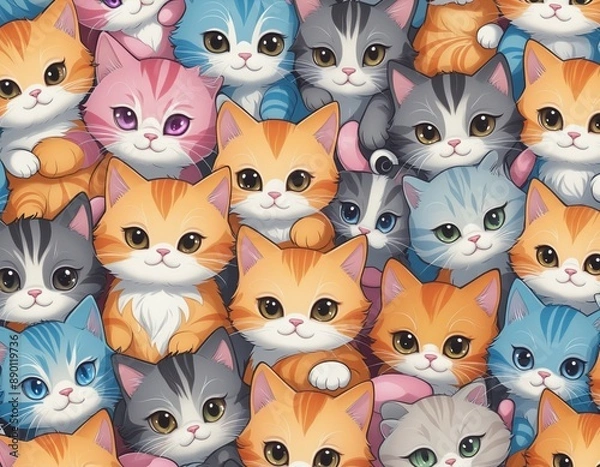 Fototapeta Many adorable cartoon colorful kittens 