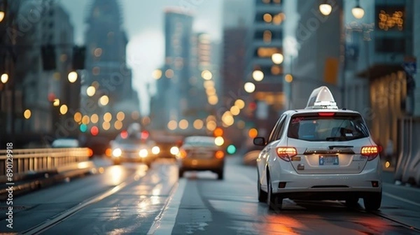 Fototapeta A delivery driver navigates rush hour traffic to deliver packages on time.