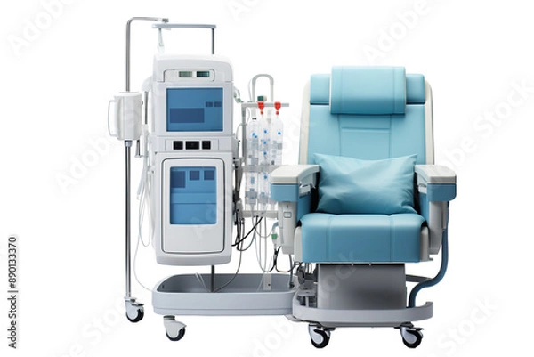 Obraz A Medical Chair and Machine Ready for Dialysis Treatment on a Clear PNG or White Background.