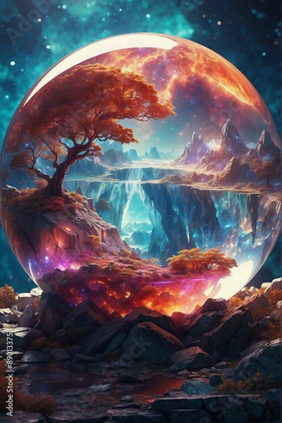 Fototapeta A fantasy landscape with a tree and mountains, encased in a giant glass orb, with a starry sky and glowing clouds.