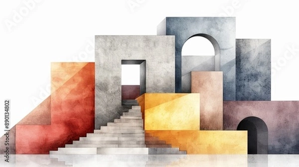 Obraz Abstract architectural design with colorful geometric shapes, arches, and stairs, creating a modern and artistic composition.