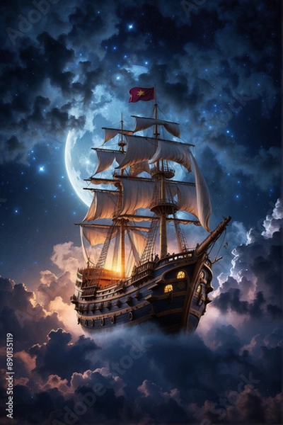 Fototapeta A majestic sailing ship with a flag, sailing through the clouds under a full moon.