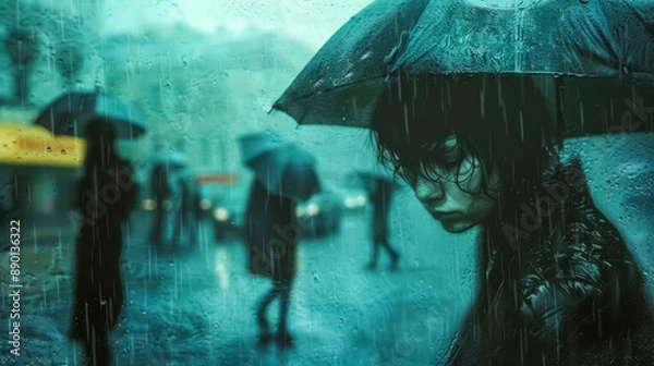 Obraz Sad young woman walking in rain with umbrella and people in background
