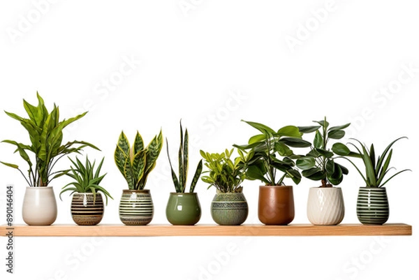Obraz A Row of Vibrant Green Houseplants in Decorative Pots on a Wooden Shelf on a Clear PNG or White Background.