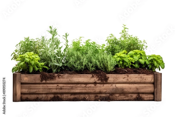 Obraz A Vibrant Garden of Herbs Flourishing in a Wooden Planter Box on a Clear PNG or White Background.