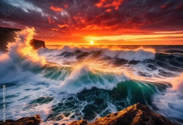 Fototapeta powerful ocean waves crashing seaside cliff edge, view, coastal, scenery, turbulent, waters, majestic, dramatic, coastline, shoreline, surf, force, oceanic