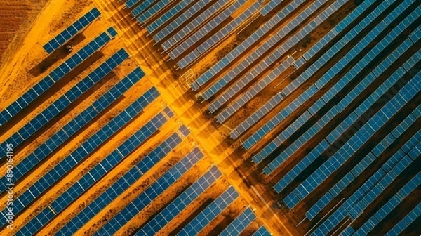 Obraz Crystal-clear aerial view of a solar farm, geometric panel layout, desert setting