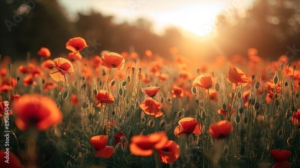 Fototapeta Poppy Field At Sunset