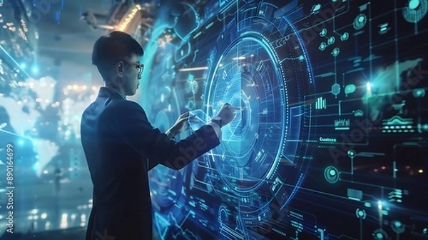 Fototapeta Businessman Touch Interacting With Navigating the Digital World Futuristic Technology.