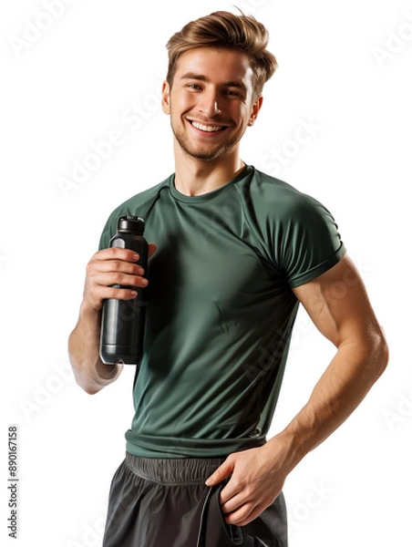 Obraz A cheerful young man in sportswear holding a water bottle, showcasing a healthy and active lifestyle. Ideal for themes related to fitness, hydration, transparent background