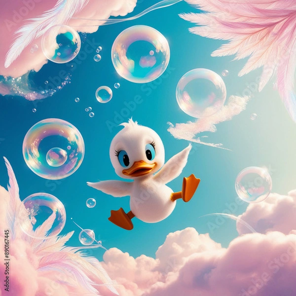 Fototapeta clouds and sky
A cute, cartoon duckling with big eyes and a fluffy white body, flying through the air surrounded by colorful soap bubbles and pink feathers.