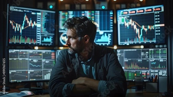 Fototapeta Finance Analyst Examines Market Data on Multiple Screens in Modern Tech Driven Office