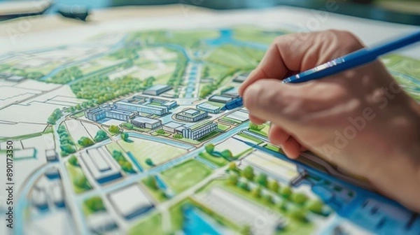 Fototapeta Depict an architect sketching the master plan for a new university campus, including academic buildings, dormitories, and green spaces. Highlight the comprehensive and visionary approach.