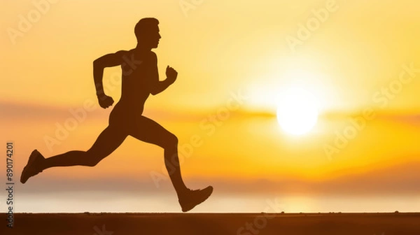 Fototapeta Dynamic silhouette of a young man jogging on the beach at sunset, a refreshing workout amidst the sea breeze.