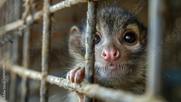 Fototapeta Close-up of a sad, small animal in a cage, highlighting the need for animal welfare and protection.