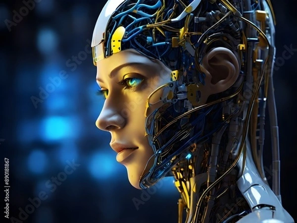 Fototapeta humanoid head with vibrant neon neural network, generative ai