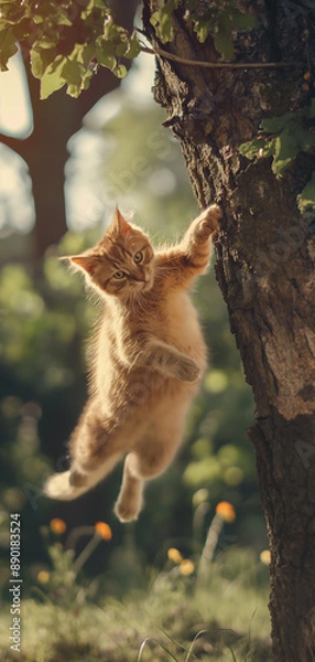 Obraz cute cat jumping from a huge tree in a forrest 