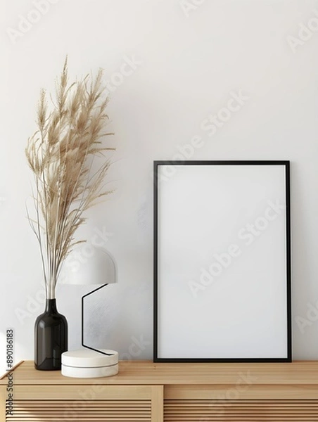 Fototapeta a mockup of a black poster frame with A3 size on a white wall 