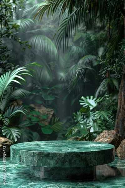 Fototapeta Luxurious Green Marble Table in a Lush Tropical Jungle Setting with Sunlight Filtering Through Foliage