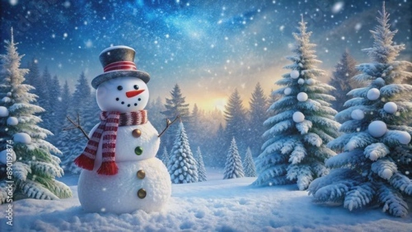 Obraz Isolated snowman standing tall amidst serene snowflakes gently falling on a frosty winter morning Christmas scene.
