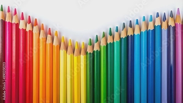 Fototapeta Vibrant colorful wooden pencils arranged in a striking wave pattern on a clean white background, evoking back-to-school excitement.