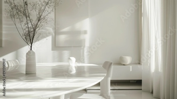 Fototapeta A white room with a white table and white chairs