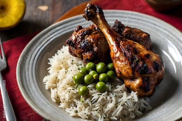 Fototapeta Jamaican jerk chicken with rice and peas.