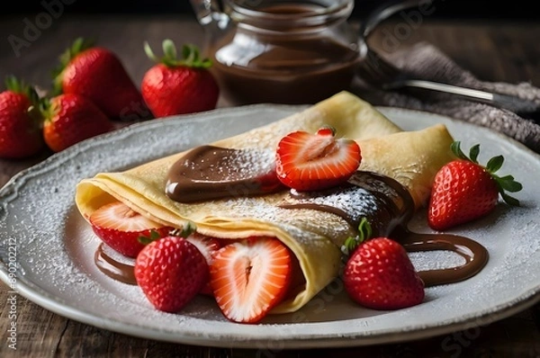 Fototapeta A classic French crepe with Nutella and strawberries.