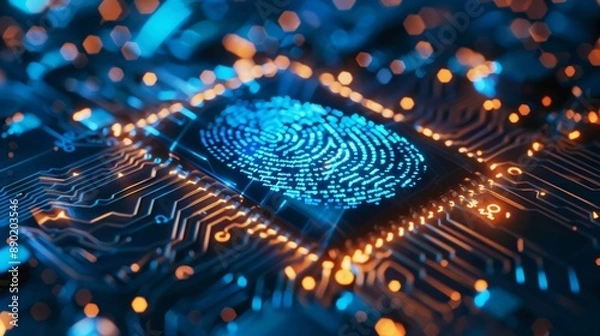 Obraz Blue holographic fingerprint on circuit board, highlighting biometric security and data protection. AI Generated