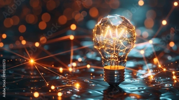 Obraz 3D glowing light bulb with network and neural connections on dark background. Innovation and AI technology concept. AI Generated.