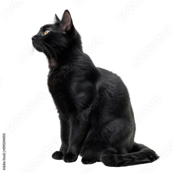 Obraz A black cat is sitting on a white background