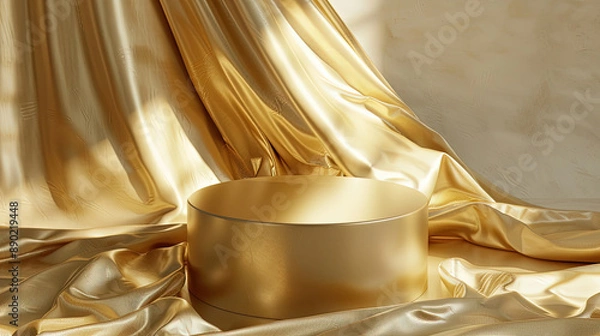 Fototapeta Gold podium background with wave line on brown background for product display presentation, premium product cosmetic. Luxury stage or podium with copy space area. 