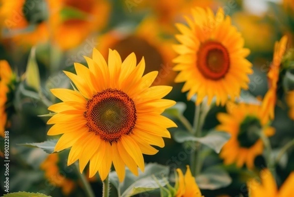Fototapeta Close-up of vibrant yellow sunflowers blooming in a summer field, showcasing nature's beauty and freshness - Generative ai