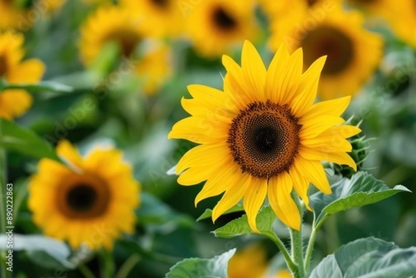 Fototapeta A field of vibrant yellow sunflowers with one flower in focus, highlighting the beauty of nature - Generative ai