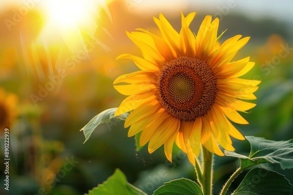 Obraz A field of vibrant yellow sunflowers with one flower in focus, highlighting the beauty of nature - Generative ai