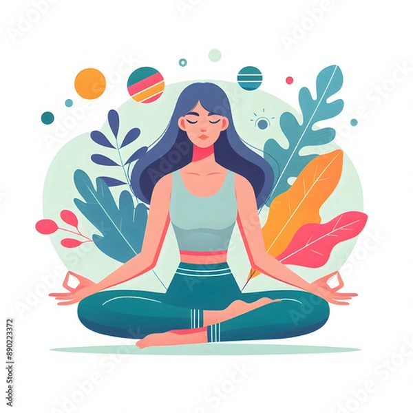 Obraz A young beautiful girl sitting in the lotus position, isolated on a white background, Flat vector Illustration