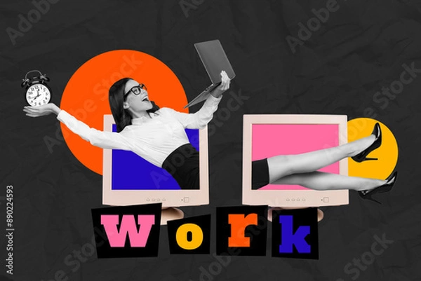 Fototapeta Creative trend collage of funny young female business worker monitors remote computer unusual fantasy billboard comics