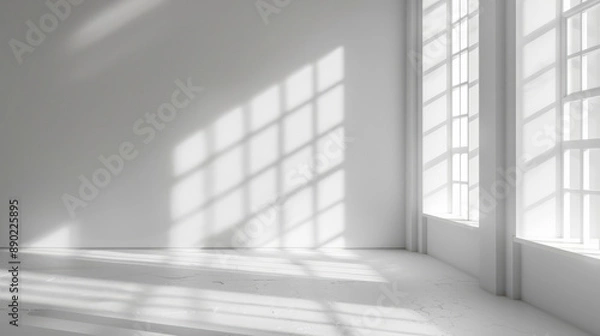 Fototapeta A striped light and shadow background on a gray wall in an indoor space, emphasizing a modern and sophisticated interior design