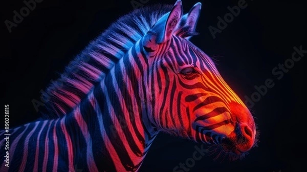 Fototapeta Neon lit zebra portrait - generative ai