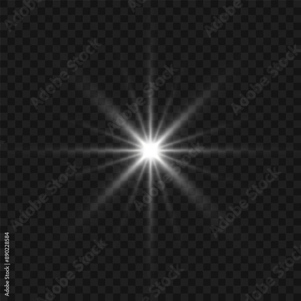 Obraz White glowing light flashes with transparent. Vector illustration for decorating cool effect with sequins rays. Bright Star. Transparent background, bright flash.