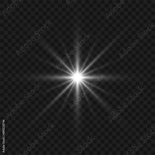 Obraz White glowing light flashes with transparent. Vector illustration for decorating cool effect with sequins rays. Bright Star. Transparent background, bright flash.