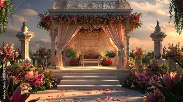 Obraz Beautiful Indian wedding ceremony setup with flowers, canopy, and steps