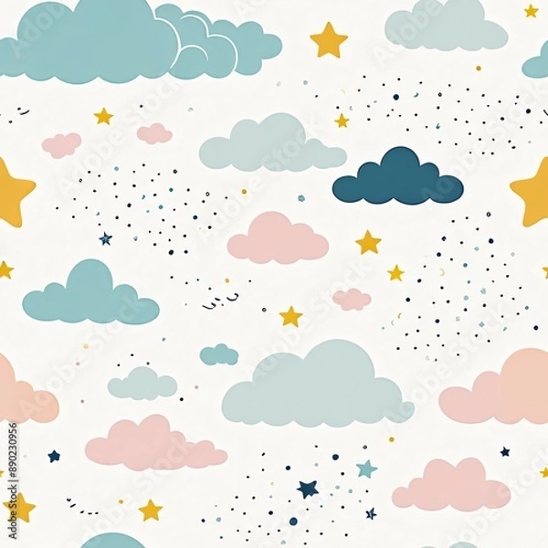 Fototapeta Whimsical Minimalist Cloud and Star Seamless Pattern