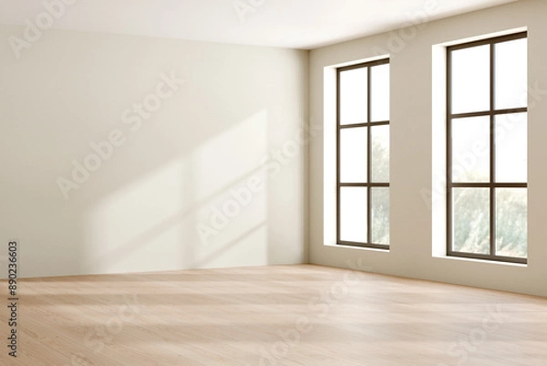 Fototapeta Modern interior of an empty room featuring large windows allowing natural light to flood in, 3d render.