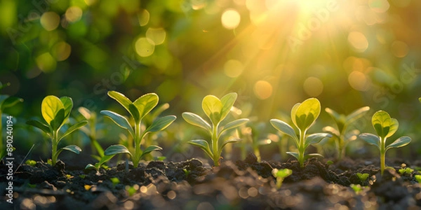 Obraz Sprouts in the soil against the background of the bed
